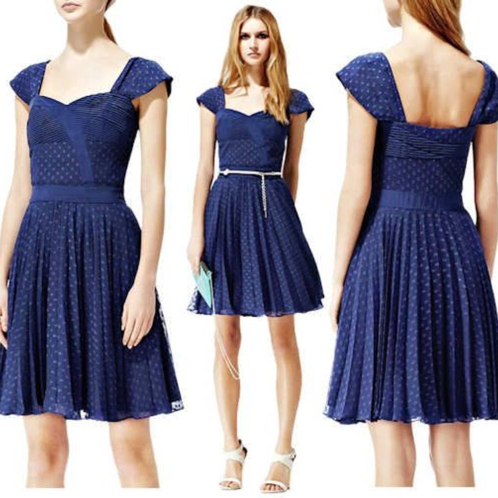 Reiss Melia Navy Blue Pleated Panel Dress - Picture 2 of 6